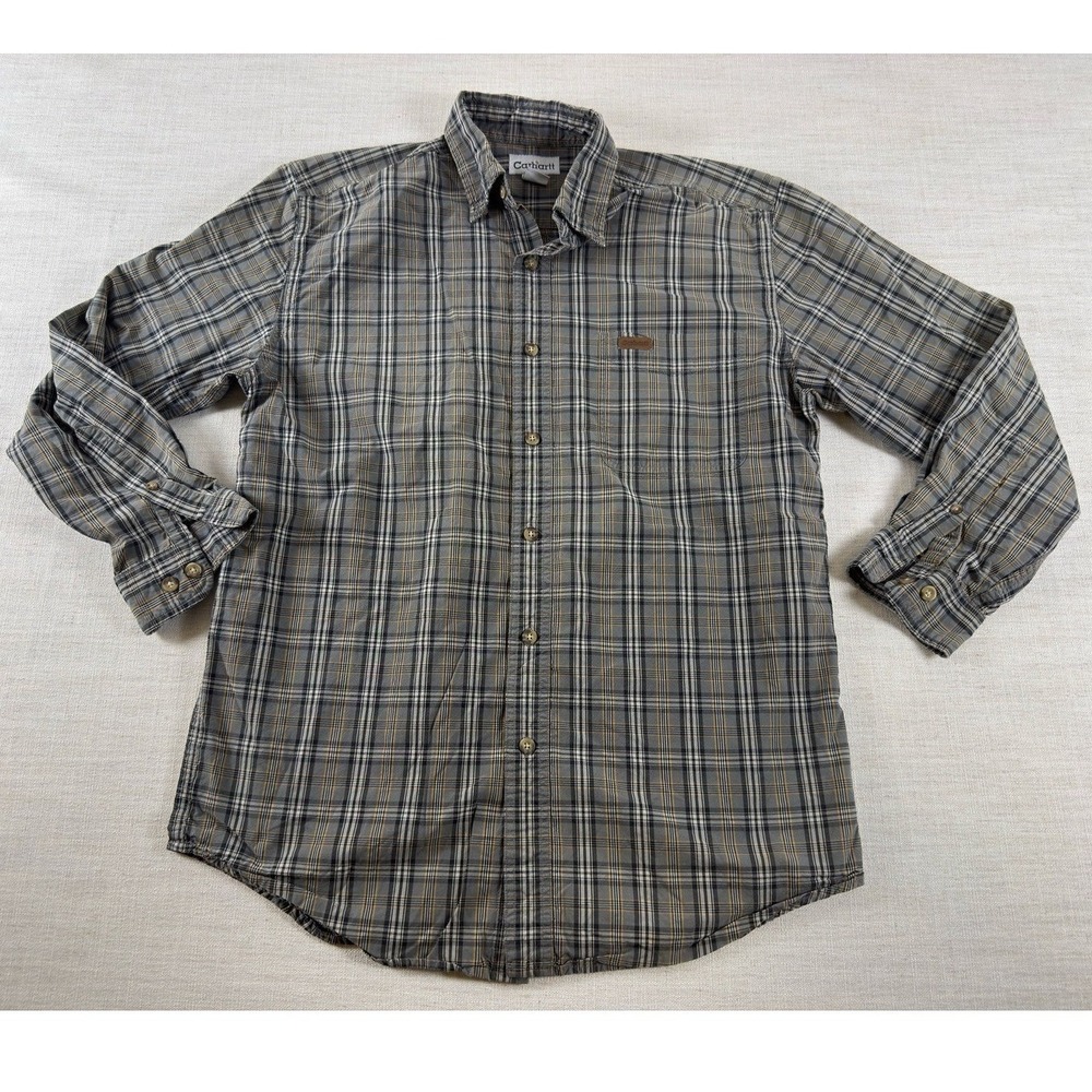 Carhartt Mens Medium Gray Tan Plaid Long Sleeve 100% Cotton Button Down Shirt